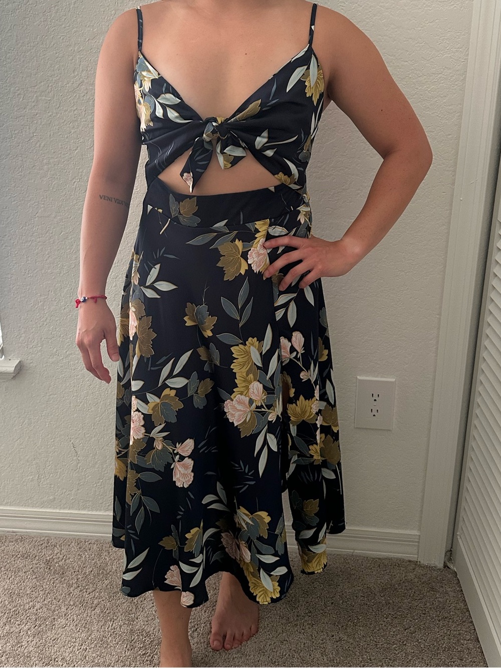 Petal & Pup Black Floral Tie-Front Midi Dress with Yellow and Pink Flowers &slit